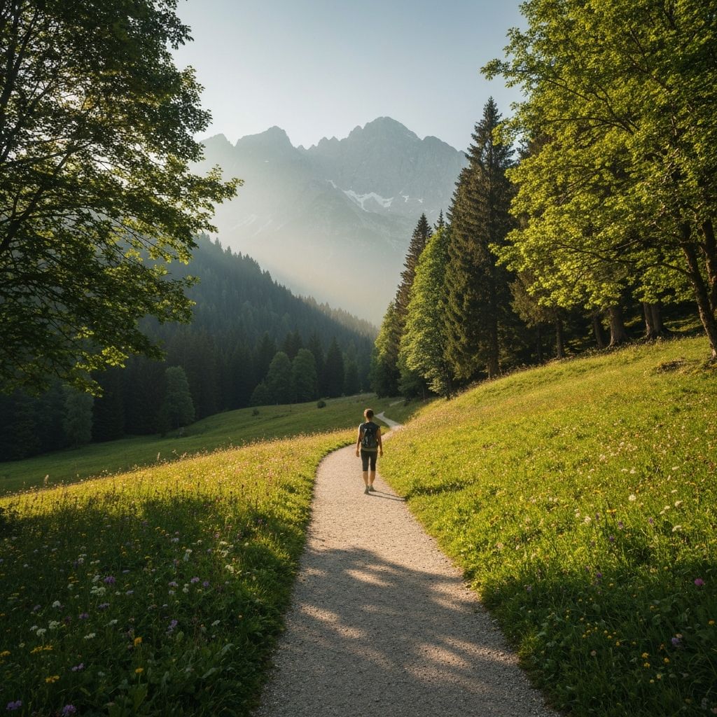 Peaceful Alpine walking path through natural landscape